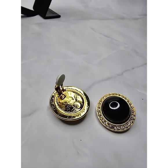 Embellished Gold Tone and Black Round Clip Earrings - Picture 4 of 6